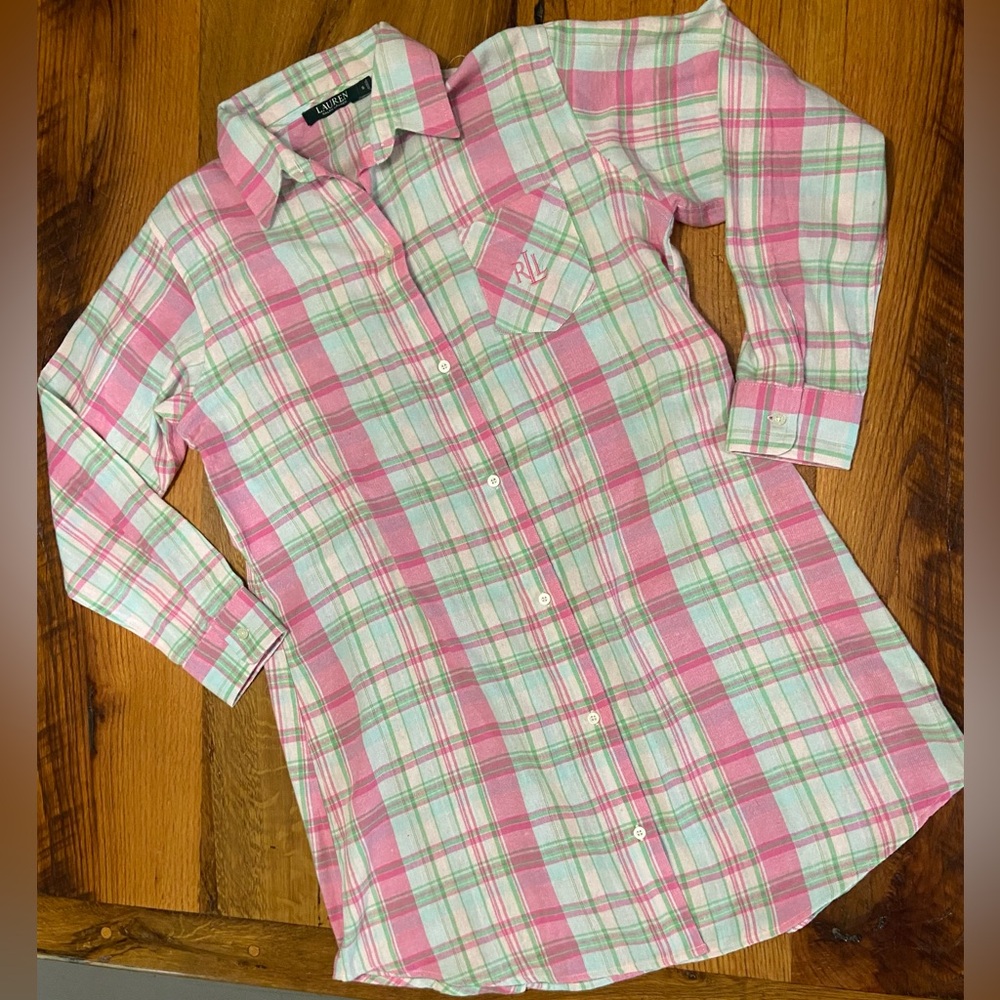 Lauren Ralph Lauren 100% Cotton Super Soft Pink, Green, White Sleep Shirt, Small